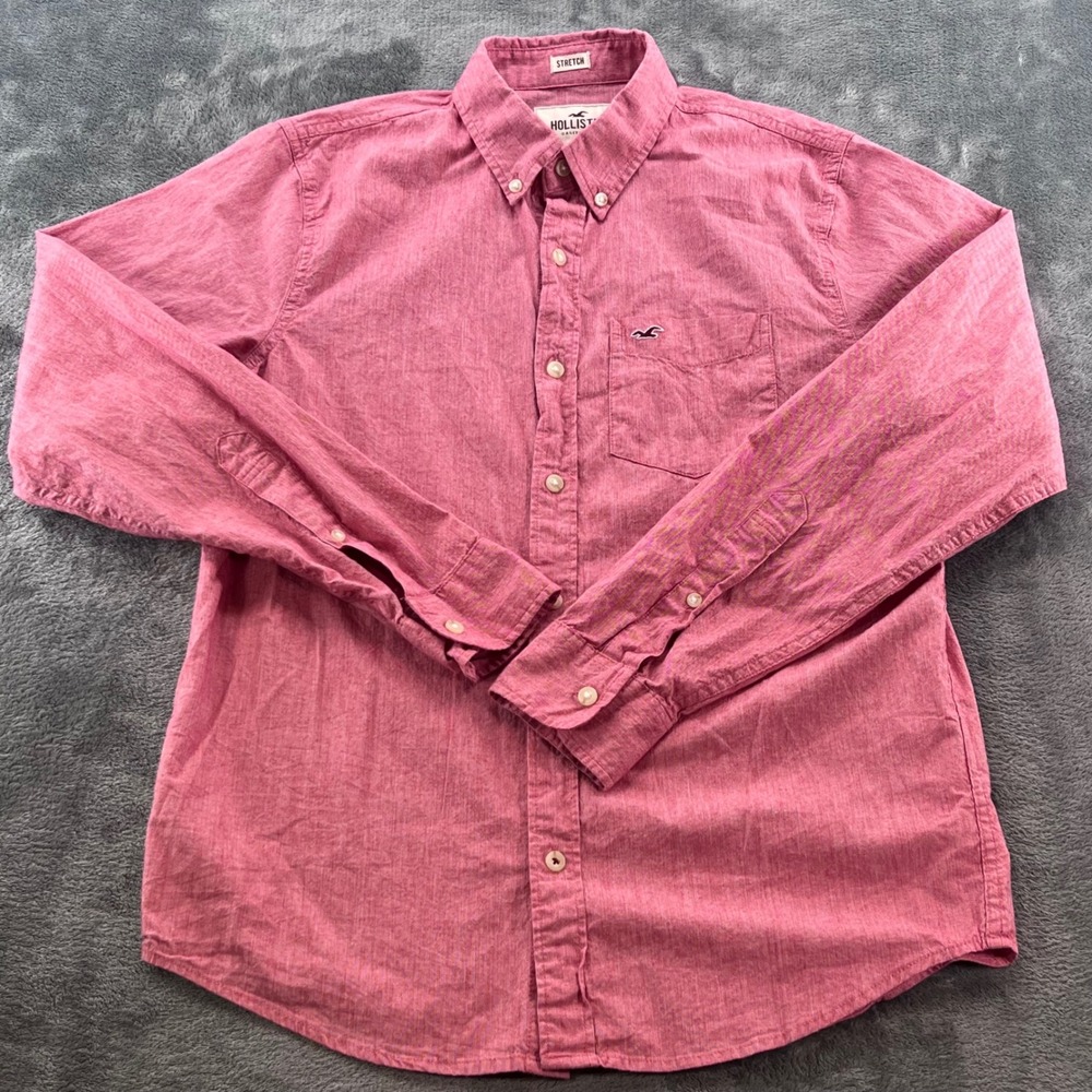 Hollister Mens Medium Pink Stretch Long Sleeve Button Down Shirt Seagull Logo